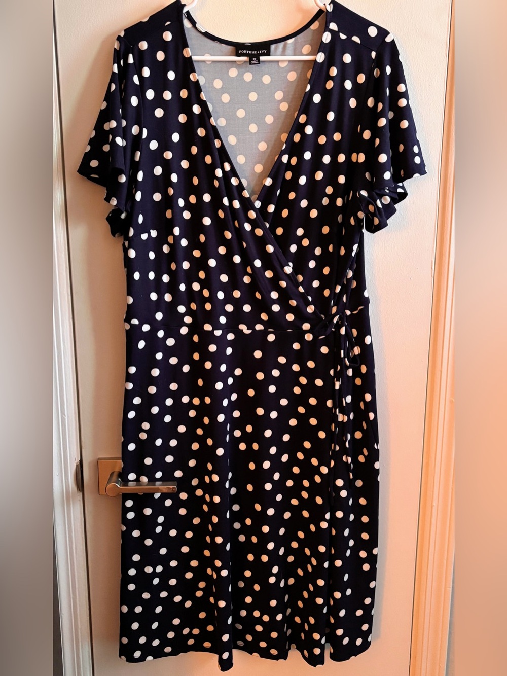 Polka Dot Wrap Midi Dress in Navy and White